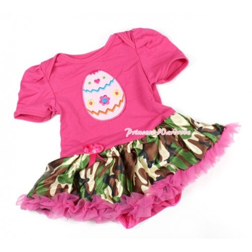 Hot Pink Baby Bodysuit Jumpsuit Hot Pink Camouflage Pettiskirt with Easter Egg Print JS1415 