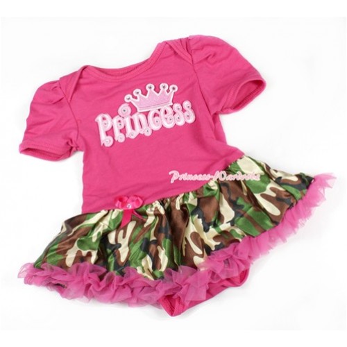 Hot Pink Baby Bodysuit Jumpsuit Hot Pink Camouflage Pettiskirt with Princess Print JS1418 