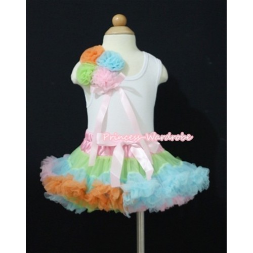 White Baby Pettitop & Bunch of Orange Lime Green Light Pink Light Blue Rosettes & Light Pink Ribbon with Light Pink Lime Green Light Blue Baby Pettiskirt NG415 