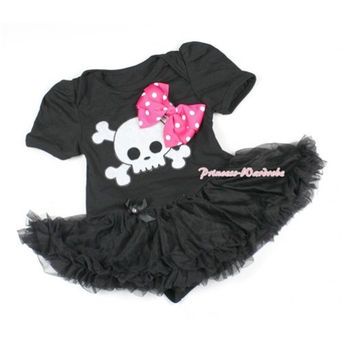Halloween Black Baby Bodysuit Jumpsuit Black Pettiskirt with Hot Pink White Dots Ribbon Bow & White Skeleton Print JS1425 