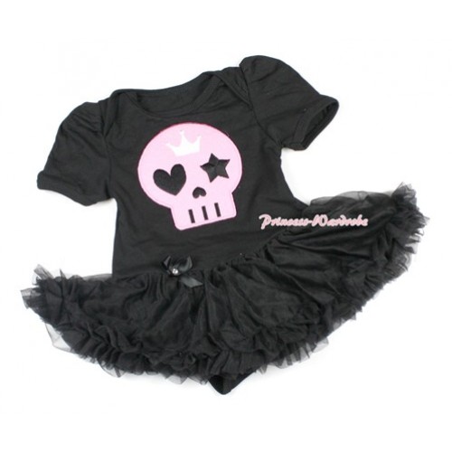Halloween Black Baby Bodysuit Jumpsuit Black Pettiskirt with Light Pink Skeleton Print JS1426 