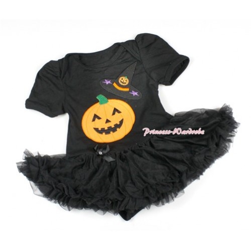 Halloween Black Baby Bodysuit Jumpsuit Black Pettiskirt with Pumpkin Witch Hat & Pumpkin Print JS1429 