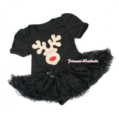 Xmas Black Baby Bodysuit Jumpsuit Black Pettiskirt with Christmas Reindeer Print JS1436 