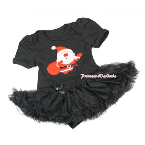 Xmas Black Baby Bodysuit Jumpsuit Black Pettiskirt with Gift Bag Santa Claus Print JS1438 