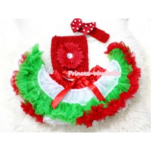 X'mas Hot Red White Dark Green Pettiskirt, Hot Red Flower and Crochet Tube Top, Hot Red Headband with Red White Polka Dots Bow 3PC Set CT244 