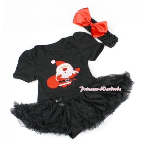 Xmas Black Baby Bodysuit Jumpsuit Black Pettiskirt With Gift Bag Santa Claus Print With Black Headband Red Silk Bow JS1487 