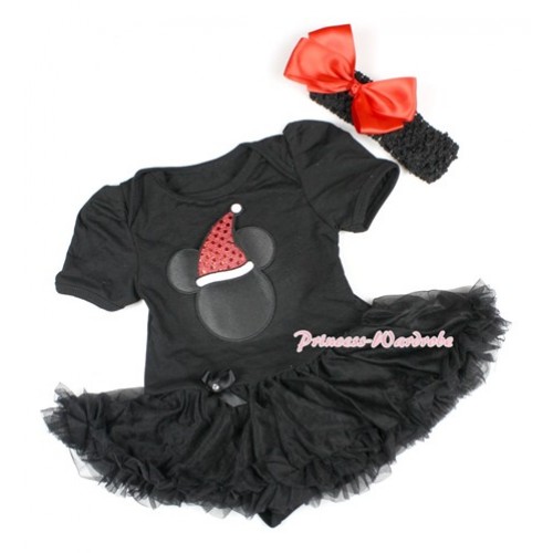 Xmas Black Baby Bodysuit Jumpsuit Black Pettiskirt With Christmas Minnie Print With Black Headband Red Silk Bow JS1488 