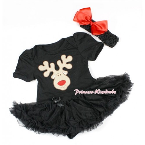 Xmas Black Baby Bodysuit Jumpsuit Black Pettiskirt With Christmas Reindeer Print With Black Headband Red Silk Bow JS1489 