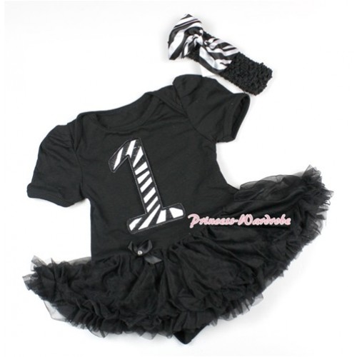 Black Baby Bodysuit Jumpsuit Black Pettiskirt With 1st Zebra Birthday Number Print With Black Headband Zebra Satin Bow JS1493 