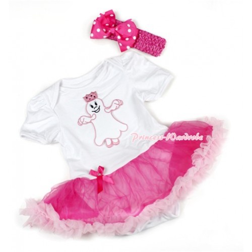 Halloween White Baby Bodysuit Jumpsuit Hot Light Pink Pettiskirt With Princess Ghost Print With Hot Pink Headband Hot Pink White Dots Ribbon Bow JS1454 