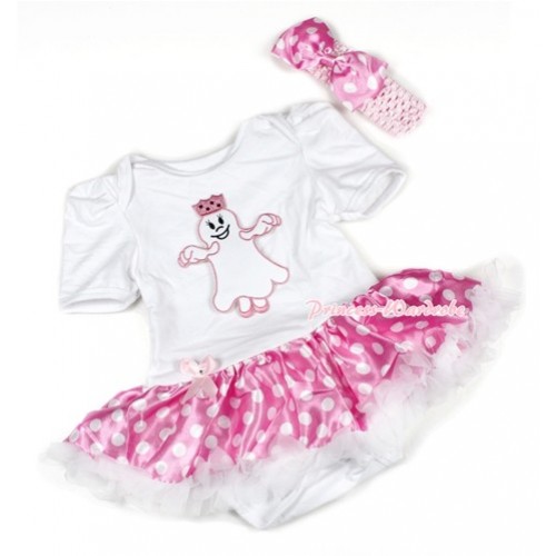 Halloween White Baby Bodysuit Jumpsuit Hot Pink White Dots Pettiskirt With Princess Ghost Print With Light Pink Headband Light Pink White Dots Satin Bow JS1455 