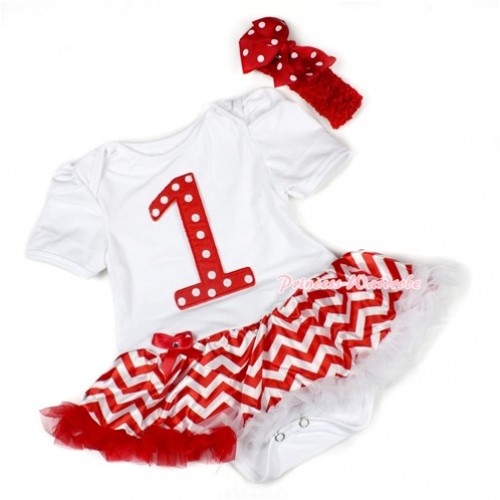 Xmas White Baby Bodysuit Jumpsuit Red White Wave Pettiskirt With 1st Red White Dots Birthday Number Print With Red Headband Red White Dots Ribbon Bow JS1458 