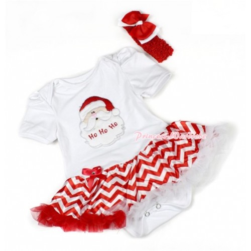Xmas White Baby Bodysuit Jumpsuit Red White Wave Pettiskirt With Santa Claus Print With Red Headband Red White Ribbon Bow JS1461 
