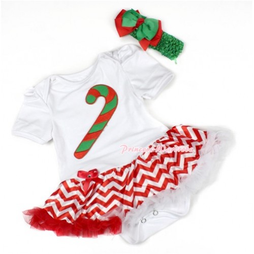 Xmas White Baby Bodysuit Jumpsuit Red White Wave Pettiskirt With Christmas Stick Print With Green Headband Green Red Ribbon Bow JS1466 