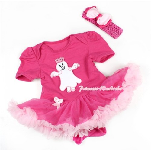 Halloween Hot Pink Baby Bodysuit Jumpsuit Hot Light Pink Pettiskirt With Princess Ghost Print With Hot Pink Headband Light Hot Pink Ribbon Bow JS1469 