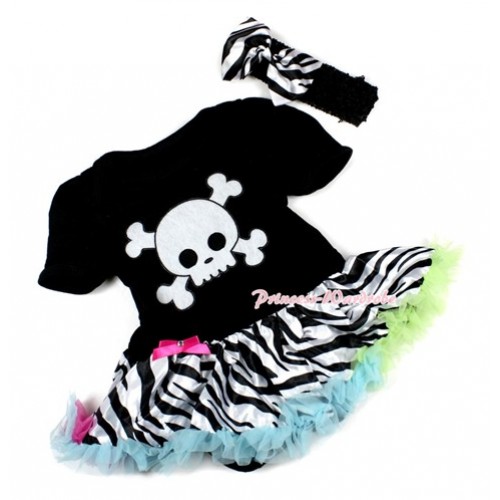 Halloween Black Baby Bodysuit Jumpsuit Rainbow Zebra Pettiskirt With White Skeleton Print With Black Headband Zebra Satin Bow JS1503 