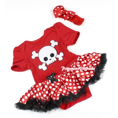 Halloween Red Baby Bodysuit Jumpsuit Minnie Dots Pettiskirt With White Skeleton Print With Red Headband Red White Dots Ribbon Bow JS1506 