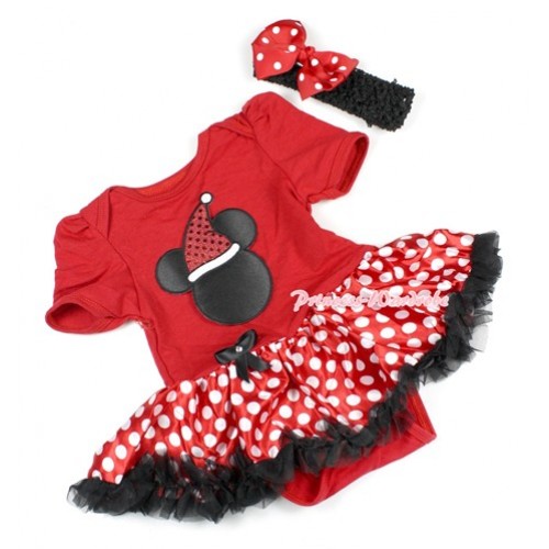 Xmas Red Baby Bodysuit Jumpsuit Minnie Dots Pettiskirt With Christmas Minnie Print With Black Headband Red White Dots Ribbon Bow JS1507 