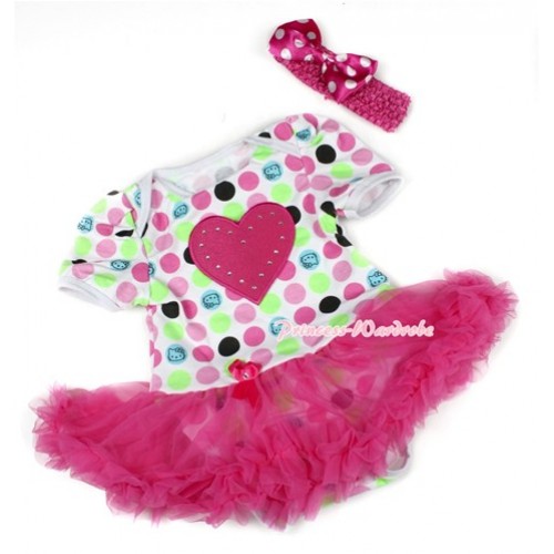 Rainbow Cat Polka Dots Baby Bodysuit Jumpsuit Hot Pink Pettiskirt With Hot Pink Heart Print With Hot Pink Headband Hot Pink White Dots Satin Bow JS1508 