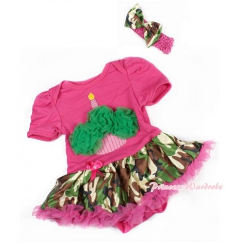 Hot Pink Baby Bodysuit Jumpsuit Hot Pink Camouflage Pettiskirt With Kelly Green Rosettes Birthday Cake Print With Hot Pink Headband Camouflage Satin Bow JS1470 