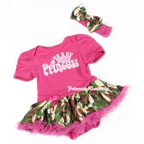 Hot Pink Baby Bodysuit Jumpsuit Hot Pink Camouflage Pettiskirt With Princess Print With Hot Pink Headband Camouflage Satin Bow JS1471 