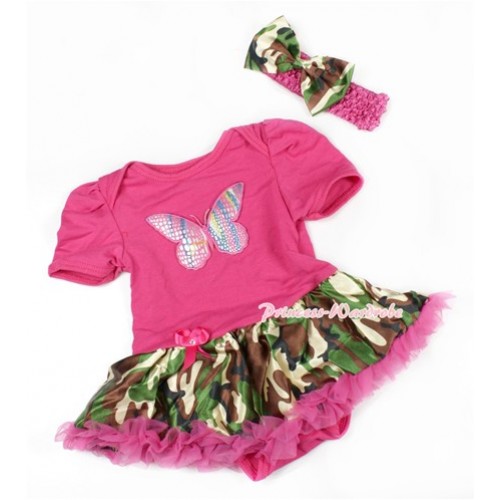 Hot Pink Baby Bodysuit Jumpsuit Hot Pink Camouflage Pettiskirt With Rainbow Butterfly Print With Hot Pink Headband Camouflage Satin Bow JS1475 