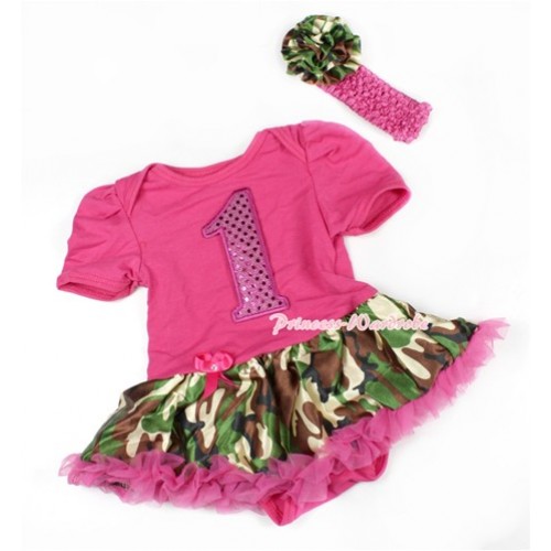 Hot Pink Baby Bodysuit Jumpsuit Hot Pink Camouflage Pettiskirt With 1st Sparkle Hot Pink Birthday Number Print With Hot Pink Headband Camouflage Rose JS1478 