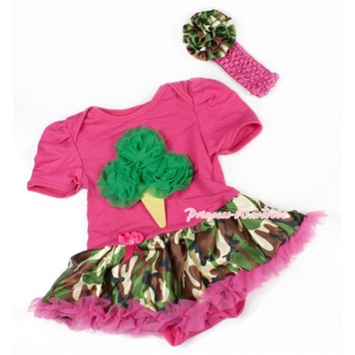 Hot Pink Baby Bodysuit Jumpsuit Hot Pink Camouflage Pettiskirt With Kelly Green Rosettes Ice Cream Print With Hot Pink Headband Camouflage Rose JS1480 