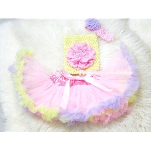Light Pink Rainbow Mix Pettiskirt, Light Pink Peony Yellow Crochet Tube Top, Light Pink Headband with Lavender Rose 3PC Set CT197 