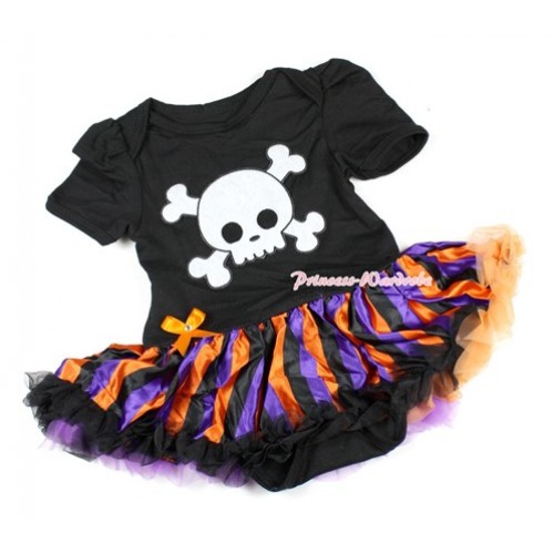 Halloween Black Baby Bodysuit Jumpsuit Orange Purple Black Striped Pettiskirt with White Skeleton Print JS1439 