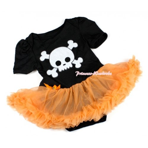 Halloween Black Baby Bodysuit Jumpsuit Orange Pettiskirt with White Skeleton Print JS1440 