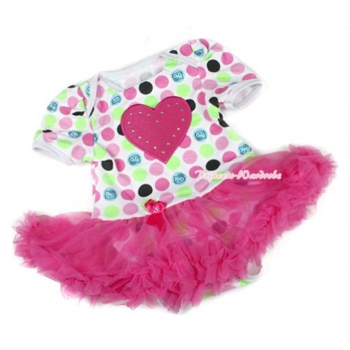 Rainbow Cat Polka Dots Baby Bodysuit Jumpsuit Hot Pink Pettiskirt with Hot Pink Heart Print JS1449 