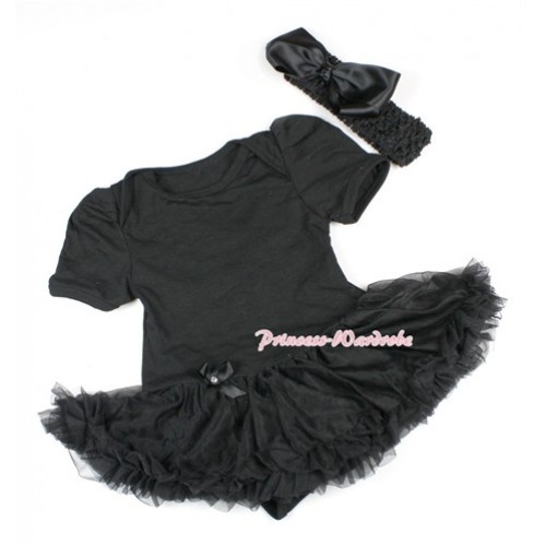 Black Baby Bodysuit Jumpsuit Black Pettiskirt With Black Headband Black Silk Bow JS1451 