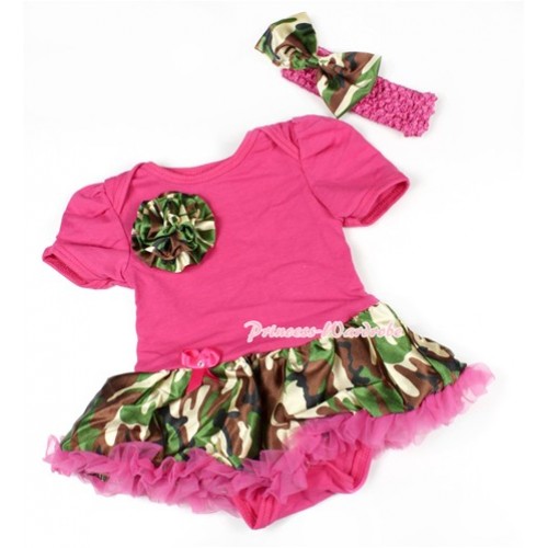 Hot Pink Baby Bodysuit Jumpsuit Hot Pink Camouflage Pettiskirt With One Camouflage Rose With Hot Pink Headband Camouflage Satin Bow JS1453 
