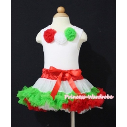 	White Tank Top with Hot Red White Dark Green Rosettes & X'mas Hot Red White Dark Green Baby Pettiskirt NG539-1  