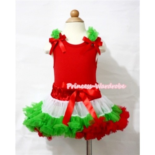 Hot Red Tank Top with Dark Green Ruffles and Hot Red Bows & X'mas Hot Red White Dark Green Pettiskirt M368 