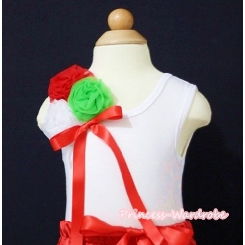 X'mas White Tank Top with Bunch of Hot Red White Dark Green Rosettes and Hot Red Bow TB251 