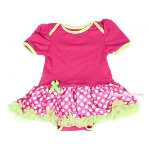 Green Brim Hot Pink Baby Bodysuit Jumpsuit Green Ruffles Hot Pink White Dots Pettiskirt JS1512 