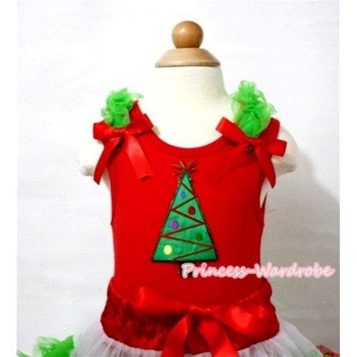 X'mas Christmas Tree Print Red Tank Top with Dark Green and Hot Red Bows T393 