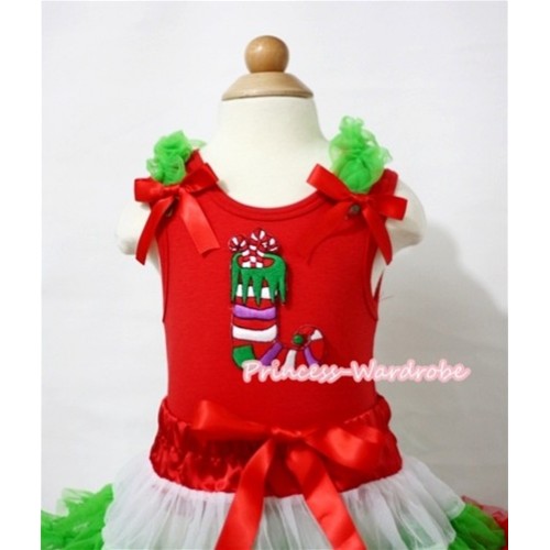 X'mas Christmas Sock Red Tank Top with Dark Green Ruffles and Hot Red Bows T395 