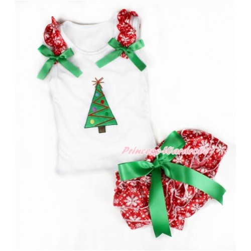 Xmas White Baby Pettitop & Red Snowflakes Ruffles & Kelly Green Bows & Christmas Tree Print & Kelly Green Bow Red Snowflakes Satin Bloomers LD225 