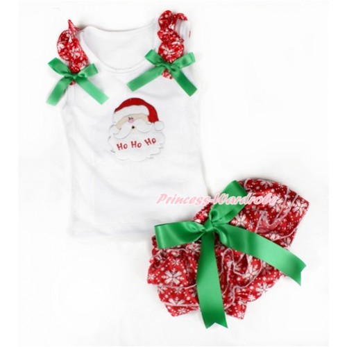 Xmas White Baby Pettitop & Red Snowflakes Ruffles & Kelly Green Bows & Santa Claus Print & Kelly Green Bow Red Snowflakes Satin Bloomers LD226 