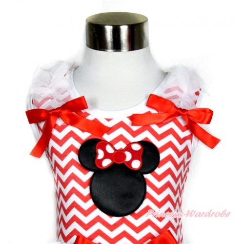 Xmas Red White Wave Tank Top With Minnie Print with White Ruffles & Red Bow TP150 