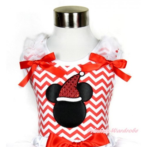 Xmas Red White Wave Tank Top With Christmas Minnie Print with White Ruffles & Red Bow TP151 