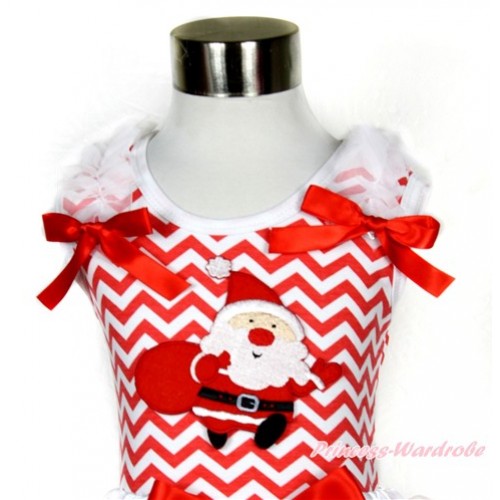 Xmas Red White Wave Tank Top With Gift Bag Santa Claus Print with White Ruffles & Red Bow TP158 