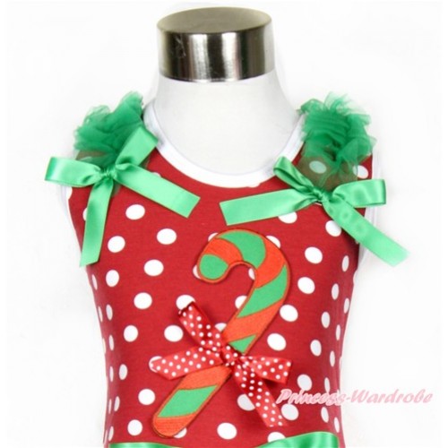 Xmas Minnie Dots Tank Top With Christmas Stick Print & Minnie Dots Bow with Kelly Green Ruffles & Kelly Green Bow TP169 