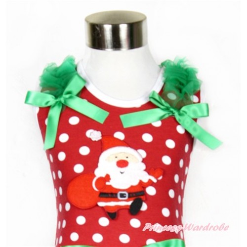 Xmas Minnie Dots Tank Top With Gift Bag Santa Claus Print with Kelly Green Ruffles & Kelly Green Bow TP171 