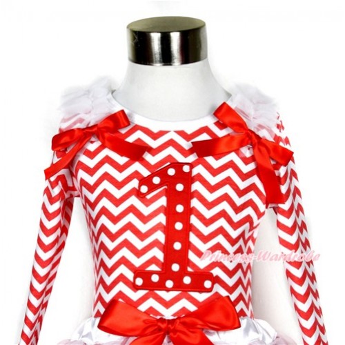 Xmas Red White Wave Long Sleeves Top with 1st Red White Dots Birthday Number Print With White Ruffles & Red Bow TO117 