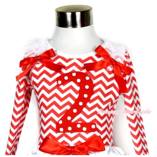 Xmas Red White Wave Long Sleeves Top with 2nd Red White Dots Birthday Number Print With White Ruffles & Red Bow TO118 
