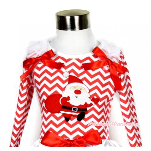Xmas Red White Wave Long Sleeves Top with Gift Bag Santa Claus Print With White Ruffles & Red Bow TO120 